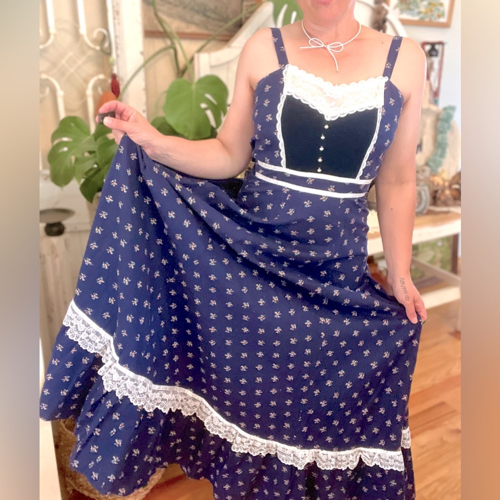 Vintage GUNNE SAX Cottagecore Boho Prairie Maxi Dress Calico Navy Floral Velvet